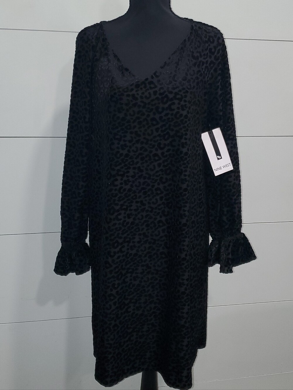 Nine West Black Velvet Burnout Leopard V-Neck Dress